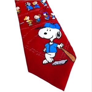 PEANUTS Snoopy Beagle at Bat 100% Silk Neck Tie Vintage 1980s Baseball Red